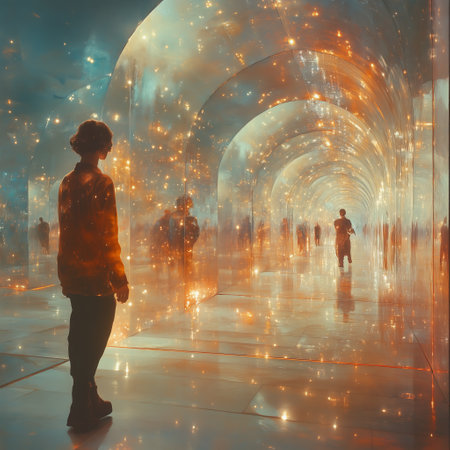 A group of people walks through a futuristic tunnel illuminated by vibrant, swirling lights. The glowing reflections on the floor create a surreal and captivating atmosphere.の素材