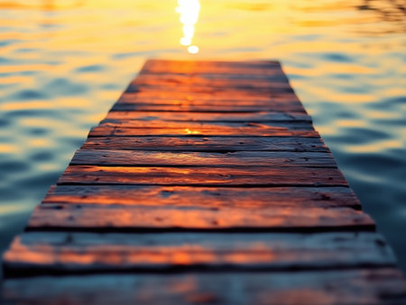 A serene view of a wooden pier extending towards the horizon, with the sun setting over the ocean, casting a warm, golden glow across the sky and water.の素材
