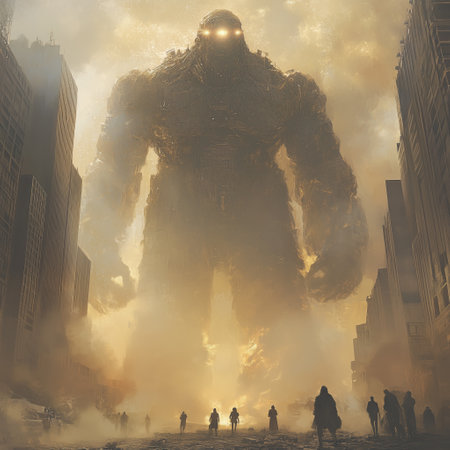 A colossal stone creature with glowing eyes emerges in a city, towering over skyscrapers while people on the ground watch in awe. The scene blends fantasy with urban environments.の素材