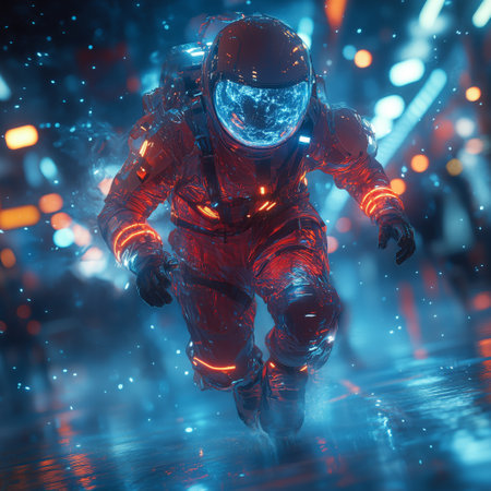 Scene of astronauts in futuristic suits running through a high-tech environment, each holding glowing energy spheres, illuminated by vibrant lights, creating a sense of action and sci-fi adventure.の素材