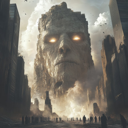 Towering stone faces with glowing eyes rise ominously from the ground in a dystopian cityscape, while a group of people stands in awe of the massive structures.の素材