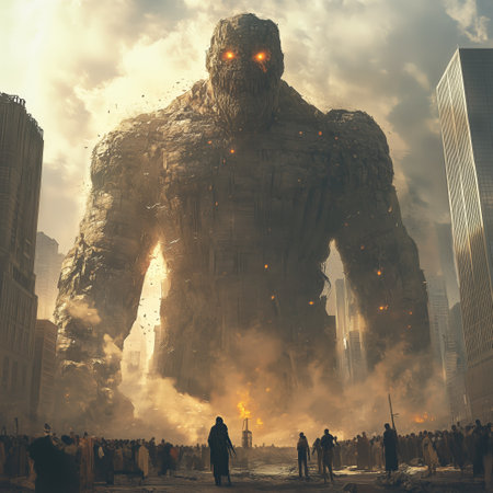 A colossal stone creature with glowing eyes emerges in a city, towering over skyscrapers while people on the ground watch in awe. The scene blends fantasy with urban environments.の素材