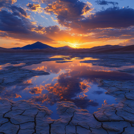 A breathtaking sunset reflects in small pools of water on a cracked desert floor, with a lone tree silhouetted against the colorful sky, blending the beauty of nature and the harshness of the desert.の素材