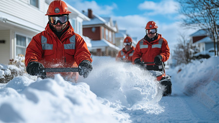 A team of workers dressed in winter gear operates snow blowers to clear snow-covered streets in a residential neighborhood, ensuring safe paths.の素材