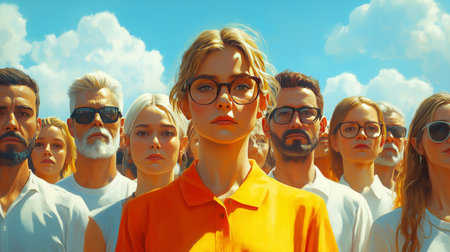 A diverse group of individuals stands together under a blue sky, with a central woman in orange contrasting against white attire.の素材