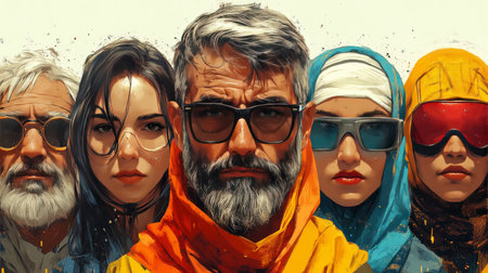 Portrait of five individuals with varied ages and styles, wearing unique glasses and colorful outfits, symbolizing diversity and unity.の素材