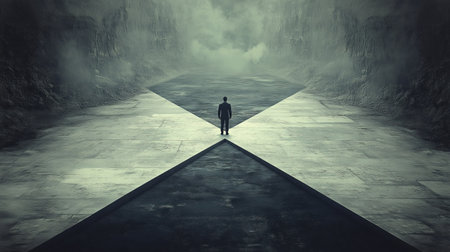 A lone person stands at a symbolic crossroads in a foggy, mysterious setting, evoking themes of decision-making, solitude, and contemplation.の素材