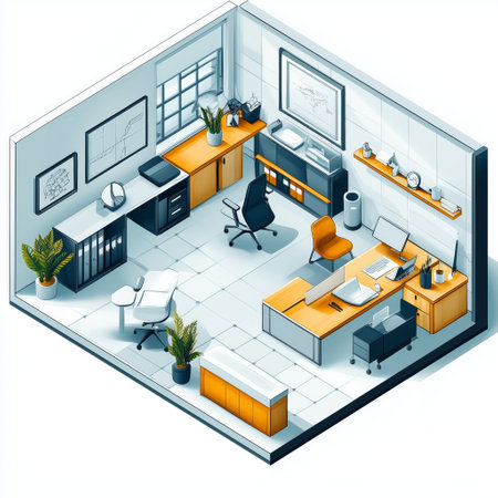 Illustration of a modern office setup featuring sleek furniture, shelves, indoor plants, and large windows, creating a professional and stylish atmosphere.の素材