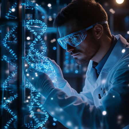 A focused scientist in a lab coat and goggles examining a glowing DNA helix in a futuristic laboratory setting, representing biotechnology and genetic research.の素材
