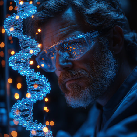 A focused scientist in a lab coat and goggles examining a glowing DNA helix in a futuristic laboratory setting, representing biotechnology and genetic research.の素材