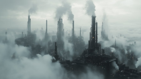 A dystopian industrial complex with tall chimneys releasing smoke and steam, surrounded by thick fog in a bleak urban atmosphere.の素材
