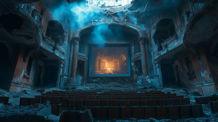 An abandoned theater in ruins with a glowing screen depicting ancient columns, enveloped in eerie blue light and shadows.の素材
