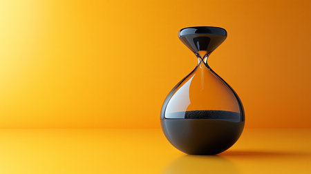 Minimalist black glass hourglass with sand on bright yellow background. Concept of time, countdown, or modern design.の素材