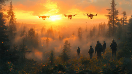 A group of people watches drones flying over a misty forest during sunrise, creating a scene of technological intervention in nature.の素材