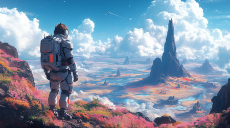 An astronaut stands on a vibrant alien landscape covered in flowers, overlooking plains with towering rock spires and serene lakes under a bright sky.の素材