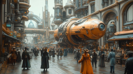 A lively steampunk city street featuring a gigantic airship, intricate industrial architecture, and people in period-inspired clothing.の素材