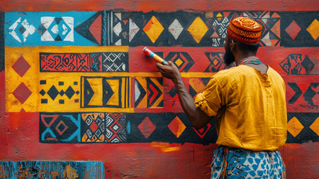 A street artist paints a bold, colorful mural with tribal-inspired geometric patterns, wearing a traditional cap and a yellow shirt.の素材