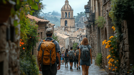 Group of tourists with backpacks walking through a charming historic village with stone streets, flowered facades, and a prominent bell tower.の素材