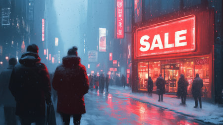 Nighttime winter city scene with neon sale signs, snow-covered streets, and people shopping in warm coats.の素材