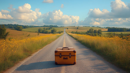 A vintage yellow suitcase placed on a rural road, framed by yellow wildflowers and rolling green fields under a sunny sky with clouds.の素材
