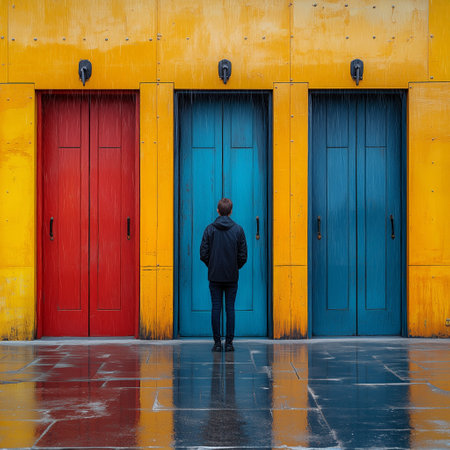A figure in a black jacket faces vibrant red and blue doors set against a yellow wall, with rain-slicked reflections on the ground creating a moody atmosphere.の素材