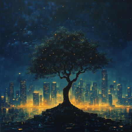 A glowing tree stands on a small rocky island, surrounded by water and vibrant reflections, with a modern city skyline glowing at night.の素材