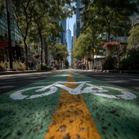 Low-angle view of a marked green bike lane with a yellow divider running through a vibrant urban street flanked by trees, flowers, and tall buildings.の素材