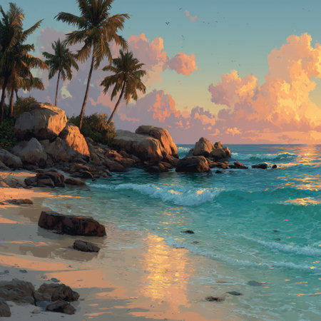 A serene tropical beach with palm trees, rocks, and gentle waves, illuminated by a vibrant sunset sky. The reflection on the water adds to the tranquil atmosphere.の素材