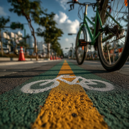 Close-up view of a green-painted bike lane with a yellow divider and bike symbol, with a green bicycle and urban buildings in the background.の素材