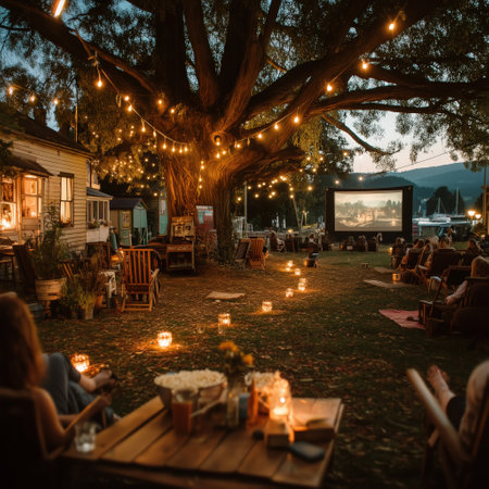 People enjoying an outdoor cinema night with string lights, cozy chairs, and snacks under a large tree at sunset.の素材