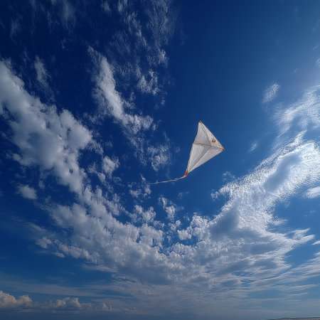 A white kite glides gracefully across a bright blue sky filled with soft, wispy clouds on a breezy day.の素材