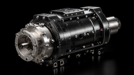 Detailed close-up of a high-performance industrial electric motor with metallic components and black casing, isolated on black background for engineering use.の素材