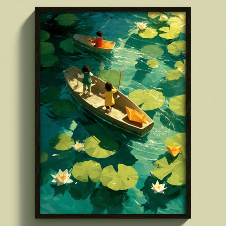 Illustrated scene of children paddling boats on a lake surrounded by lily pads, flowers, and floating paper boats.の素材