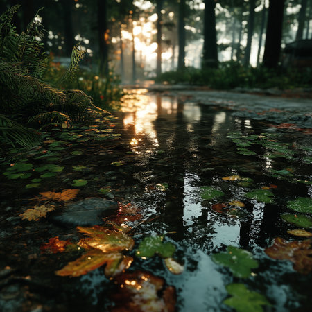A serene view of a forest stream reflecting the sunset, with autumn leaves floating on the water's surface, surrounded by lush greenery.の素材