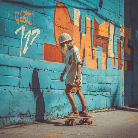 Stylish child in a hat and casual outfit skateboarding along a vibrant urban wall with graffiti art on a sunny day. Youthful street culture and motion.の素材
