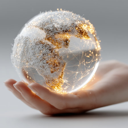 3D rendering of a transparent Earth with illuminated network lines and granular texture resting in a human hand, symbolizing technology and global connection.の素材
