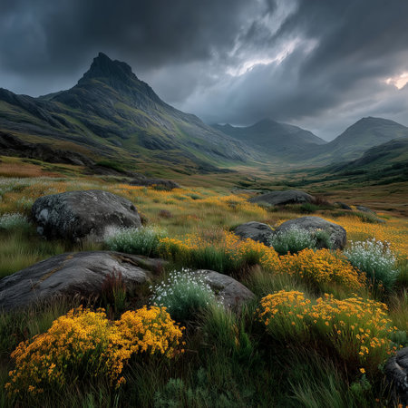 A vibrant alpine meadow with yellow and white wildflowers scattered among rocks, framed by towering mountains beneath a moody overcast sky.の素材