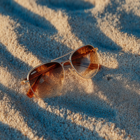 A pair of brown sunglasses resting on a sandy beach, with soft shadows and golden light reflecting off the lenses.の素材