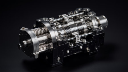 Close-up of a high-precision industrial gearbox with exposed steel gears and polished components, isolated on black background for engineering and technical use.の素材