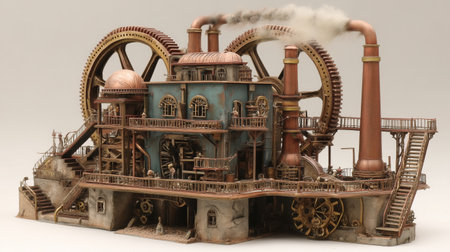 A miniature steampunk factory model featuring large gears, smoke, and intricate details. Perfect for steampunk enthusiasts and collectors.の素材