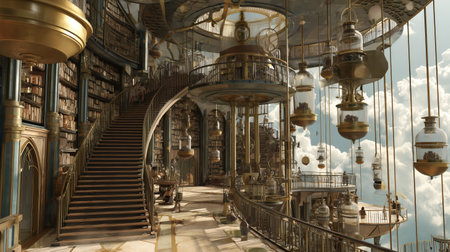 A grand steampunk library featuring floating glass containers, a spiral staircase, and rows of bookshelves, set against a bright sky.の素材