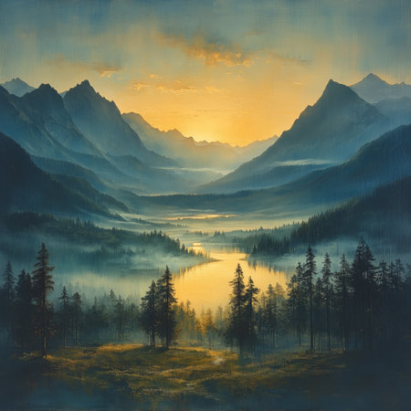 Warm sunlight reflects on a serene mountain lake at sunrise, surrounded by misty forest and dramatic peaks in a tranquil alpine valley.の素材
