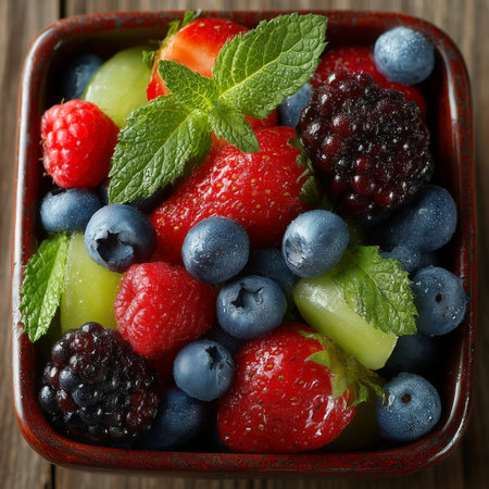 A close-up view of fresh strawberries, blueberries, blackberries, raspberries, and green grapes, topped with mint leaves in a square bowl.の素材