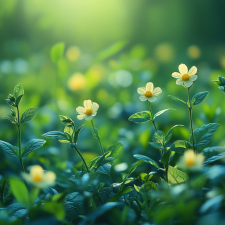 Small yellow wildflowers growing among green foliage in a brightly lit meadow with soft sunlight and a natural, peaceful atmosphere.の素材