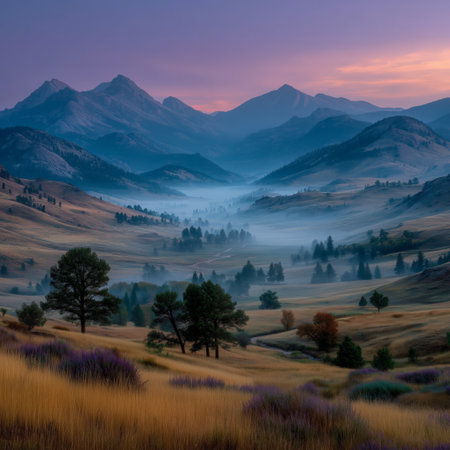 Serene mountain valley with morning mist, golden meadows, scattered trees, and purple flowers under soft pink and orange sunrise sky.の素材