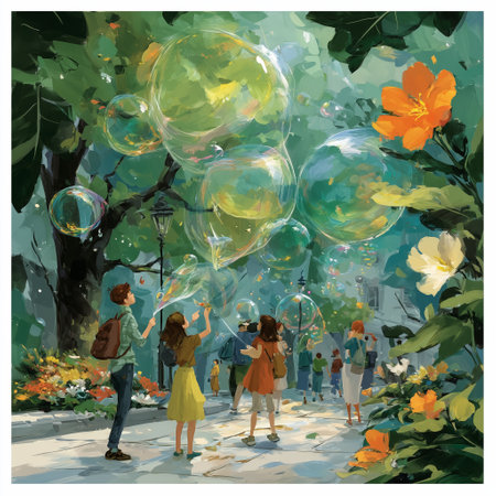 Vibrant illustration of children and adults enjoying a sunny day in a flower-filled park, surrounded by oversized bubbles floating through the trees.の素材
