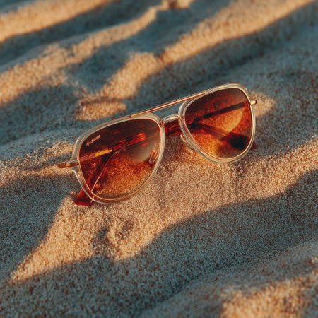 Stylish sunglasses resting on sand, with golden frames and amber lenses, illuminated by warm sunlight, creating a cozy beach atmosphere.の素材