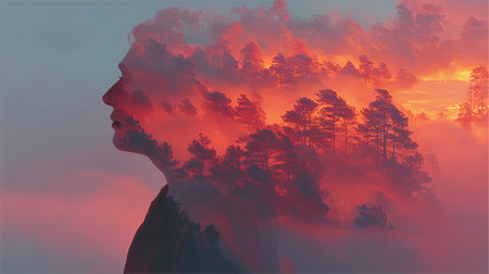 A stunning double exposure of a man's silhouette with a vibrant sunset and forest landscape, blending nature and human form in a surreal artistic image.の素材