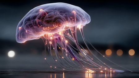Conceptual digital illustration of a glowing brain-jellyfish hybrid with sparkling tentacles floating in a dark, dreamy environment.の素材