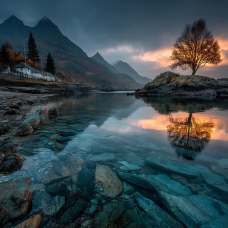 A lone tree glows at sunrise on a rocky island, reflected in calm, clear water with visible stones and distant mountain peaks.の素材